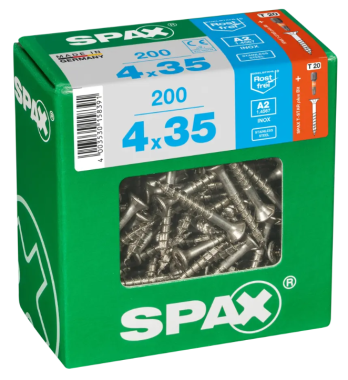 SPAX Edelstahlschraube, 4 x 35 mm, 200 Stück, Teilgewinde, Senkkopf, T-STAR plus T20, 4CUT, Edelstahl rostfrei A2, 4197000400356